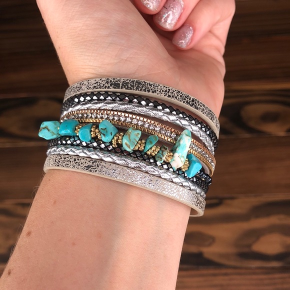 Western Bracelet Silver Cuff Cowgirl Stone Jewelry Turquoise Leather Boho NEW - Picture 5 of 5